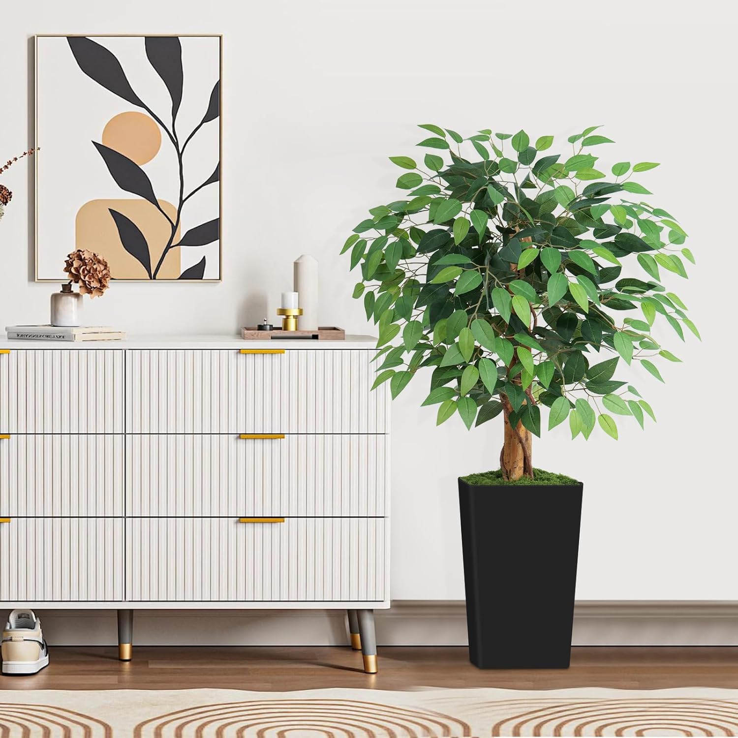 4ft Ficus Artificial Tree with 3 Natural Curved Trunks, 48" Tall Lush Faux Tree for Home Decor Indoor, Green Lifelike Fake Ficus Tree with Black Planter Pot - Image 2