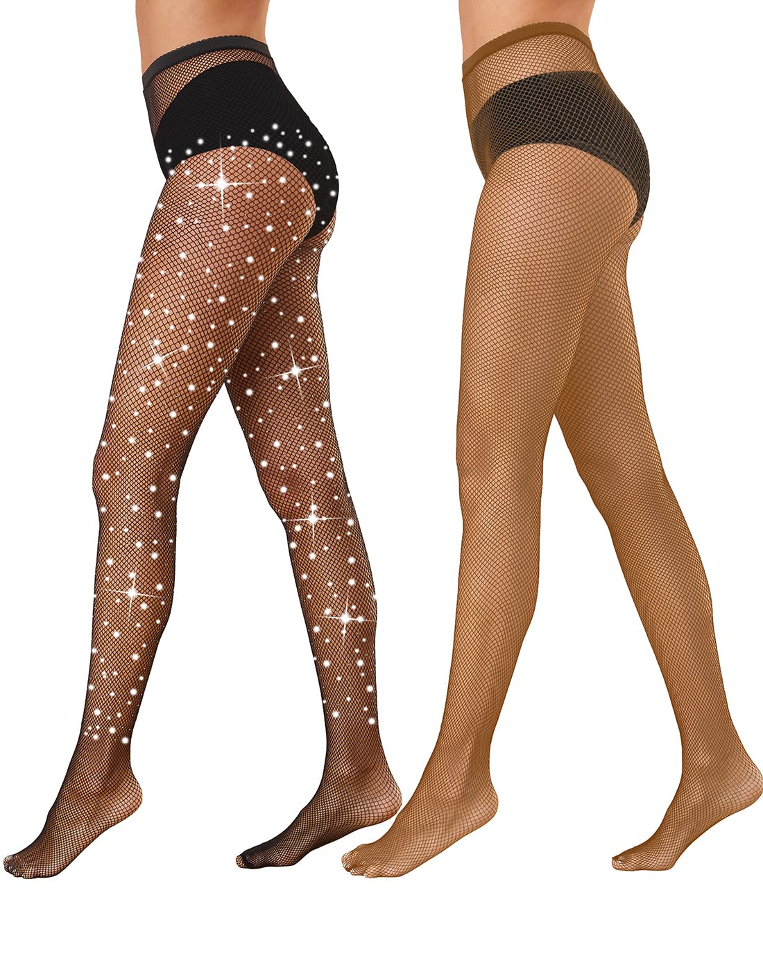 LemonGirl1/2 PCS Women High Waist Fishnet Tights Sparkle Rhinestone Mesh Stockings Fit 80-140lb