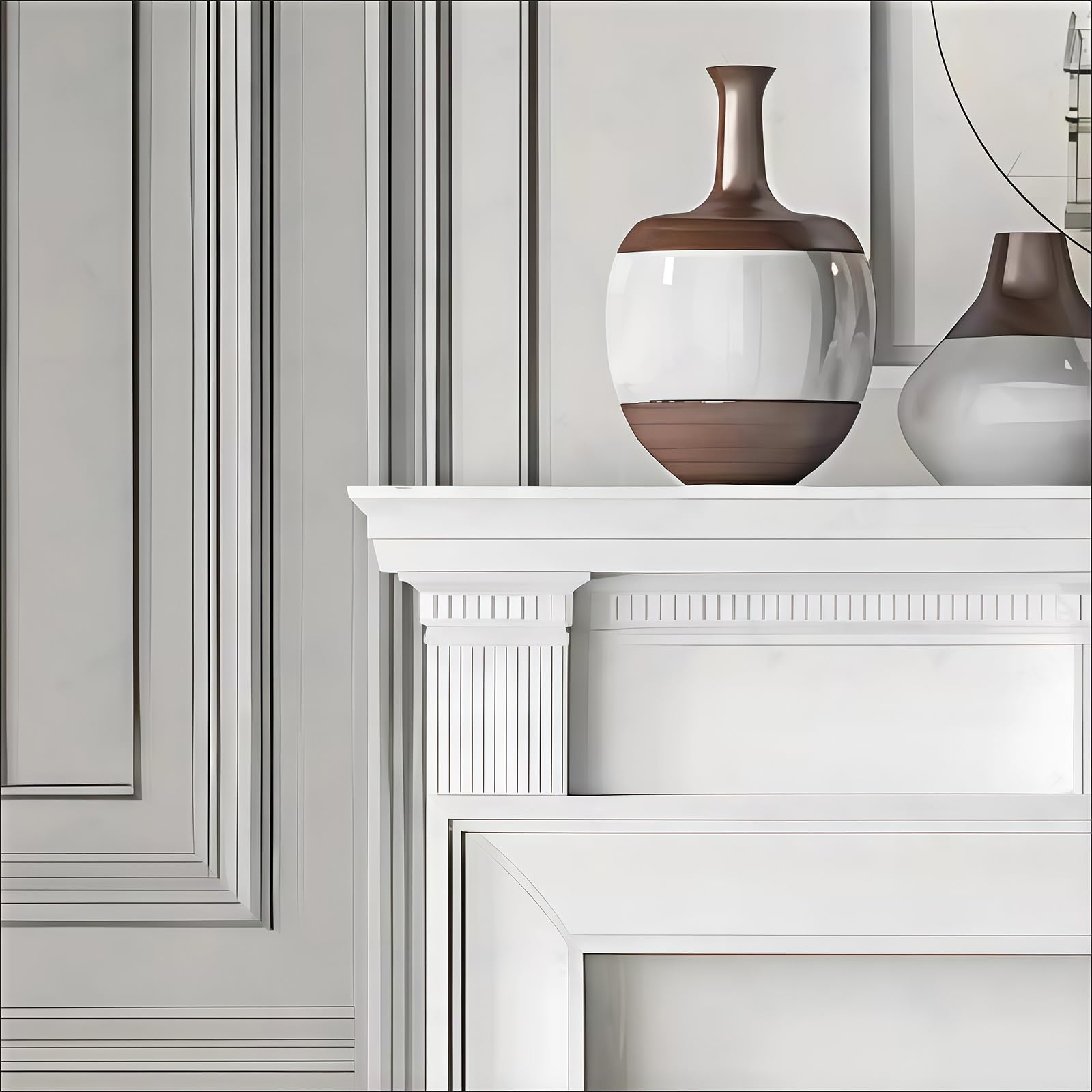Mensole del camino circonda Camino tradizionale in legno massello di betulla, cornice decorativa bianca con colonne scanalate Cornice decorata