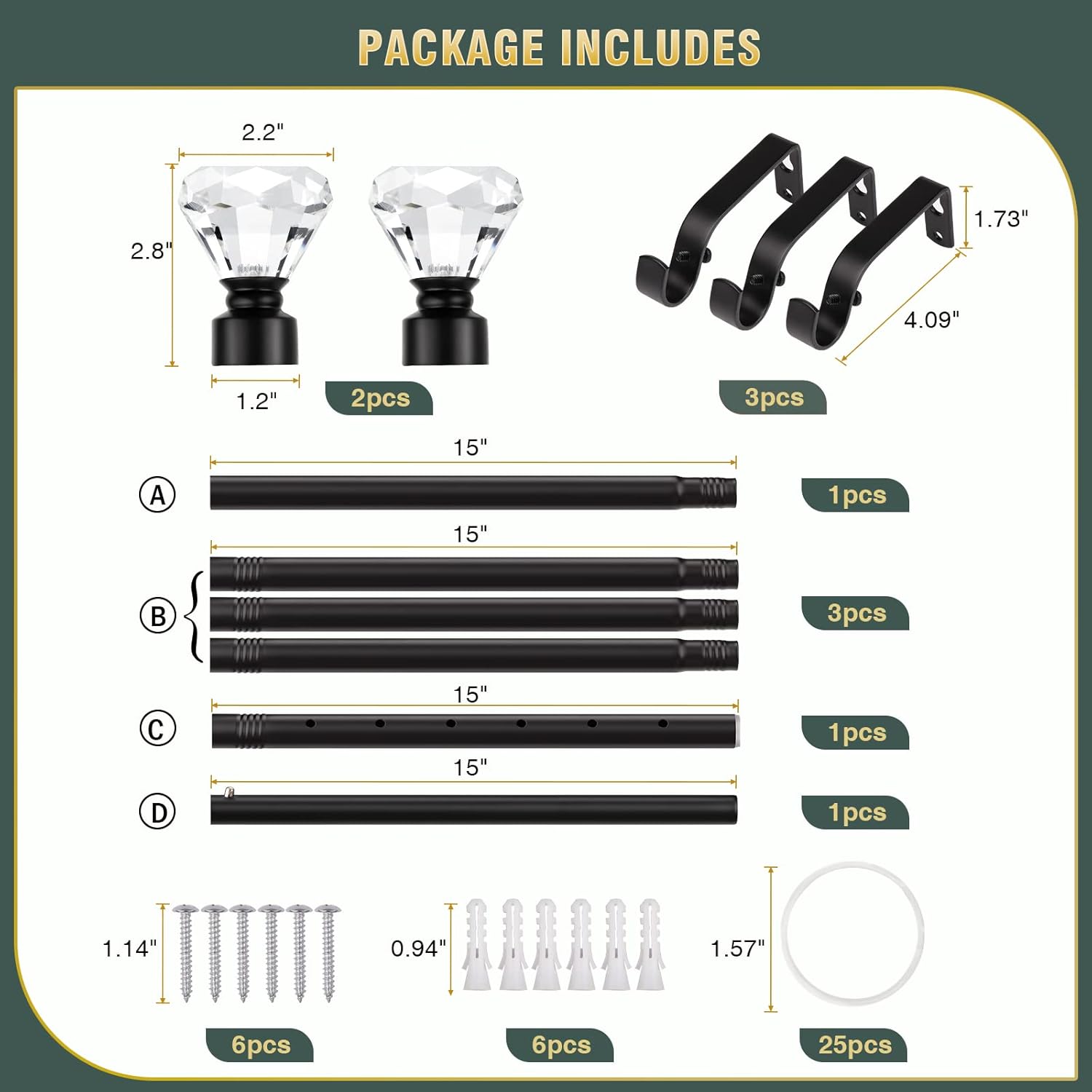 Curtain Rod For Window 30-81 inch, Black Curtain Rods With Crystal Diamond Finials, 1 Inch Diameter Decorative Curtain Rod Set, 1 Pack