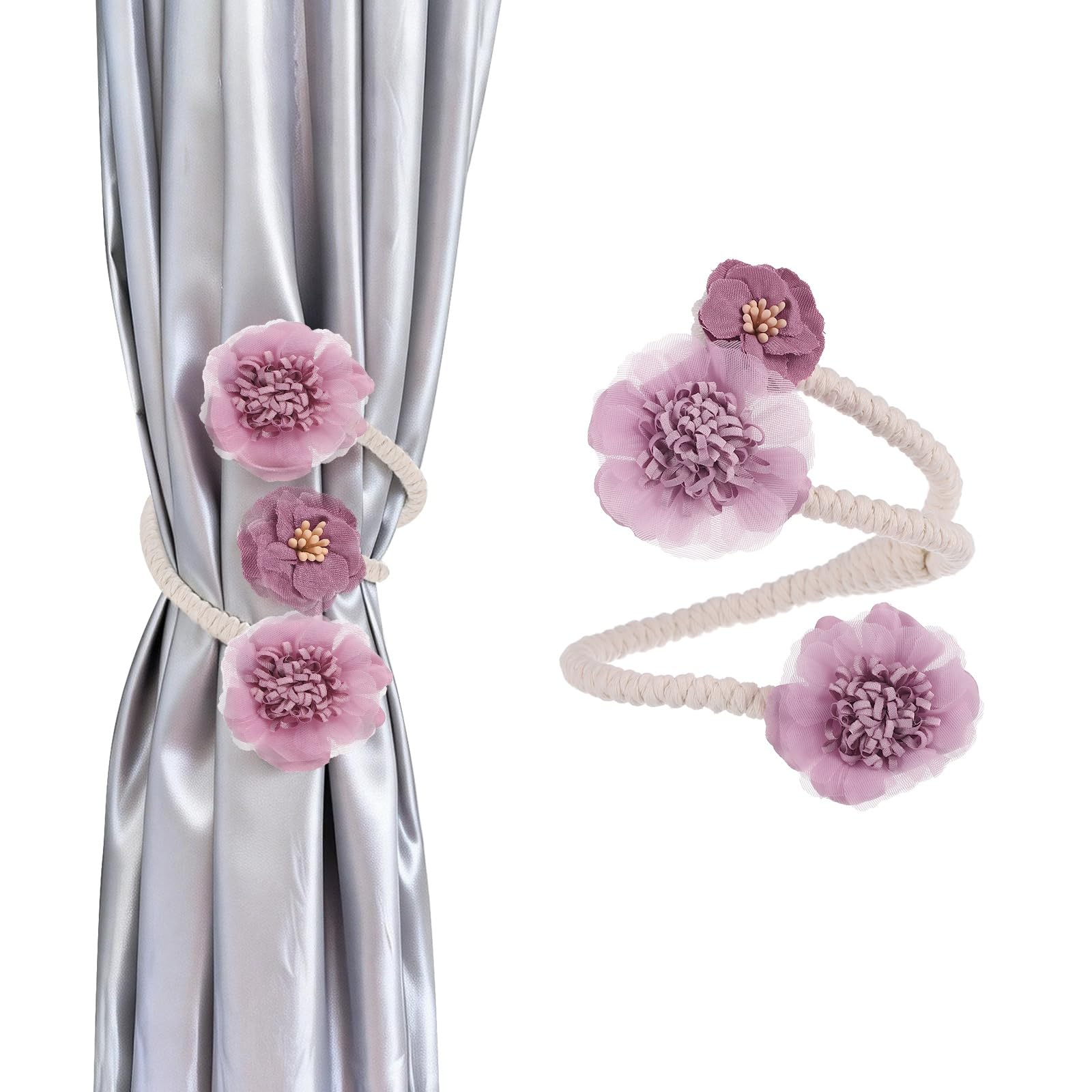 PATIKIL Curtain Holdbacks 2Pcs Artificial Flower Curtains Holder, Twist Tieback Window Drapery Bohemia Decorative Rope for Living Room Bedrooms Homes Offices, Purple