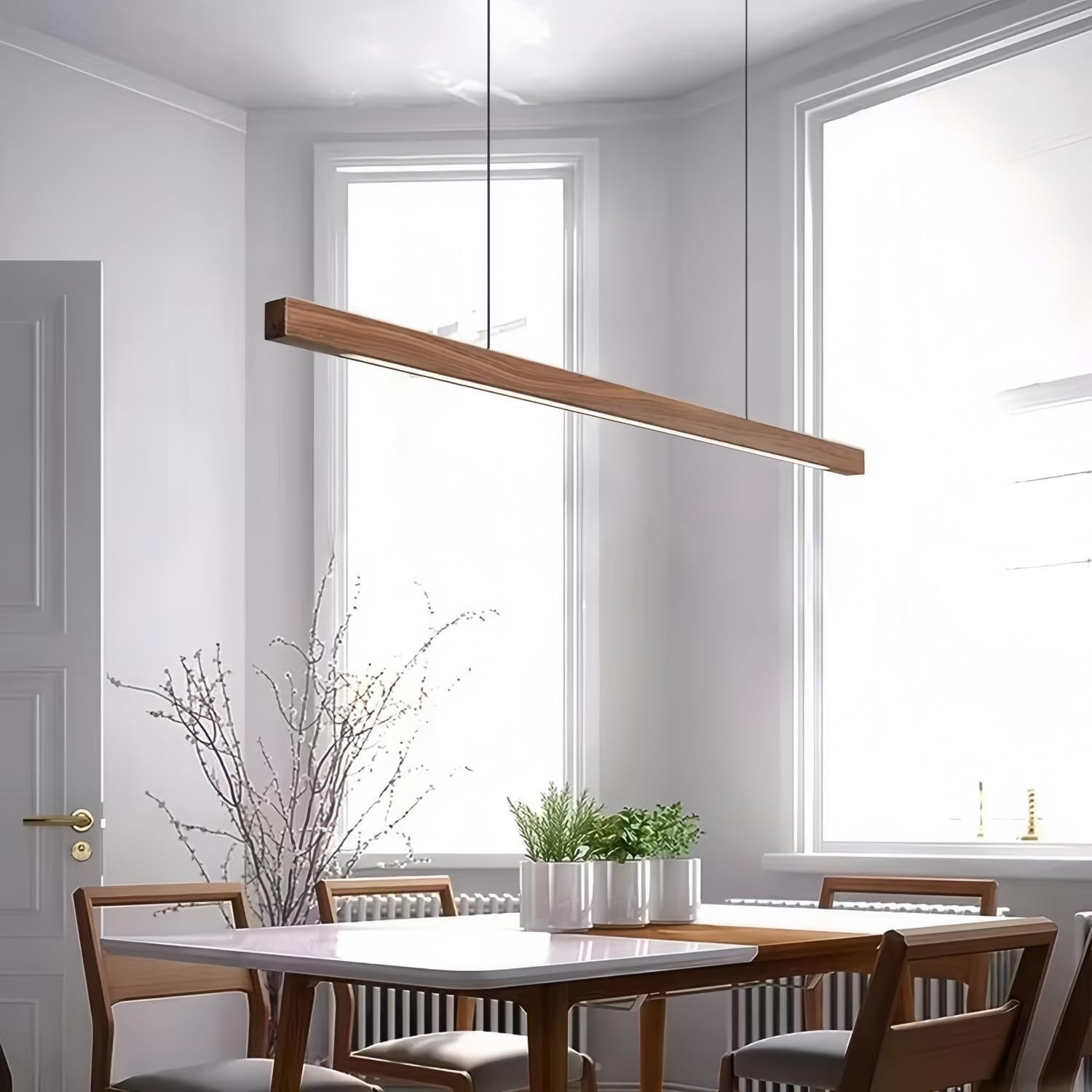 Modern LED Chandelier Walnut Color Dining Room Kitchen Island Long Hanging Lights Restaurant Office Coffee Home Lighting Ash Wood Remote Control Dimmable (2 Round Bases, 100cm(39.3in))