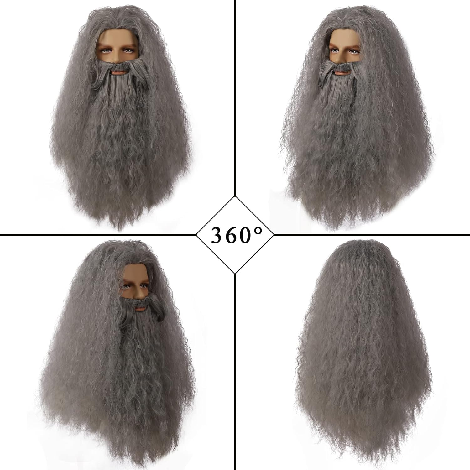 Wizard Beard and Wig, Long Wavy Grey Cosplay Wig for Men Halloween Costume Boys Beard Wig