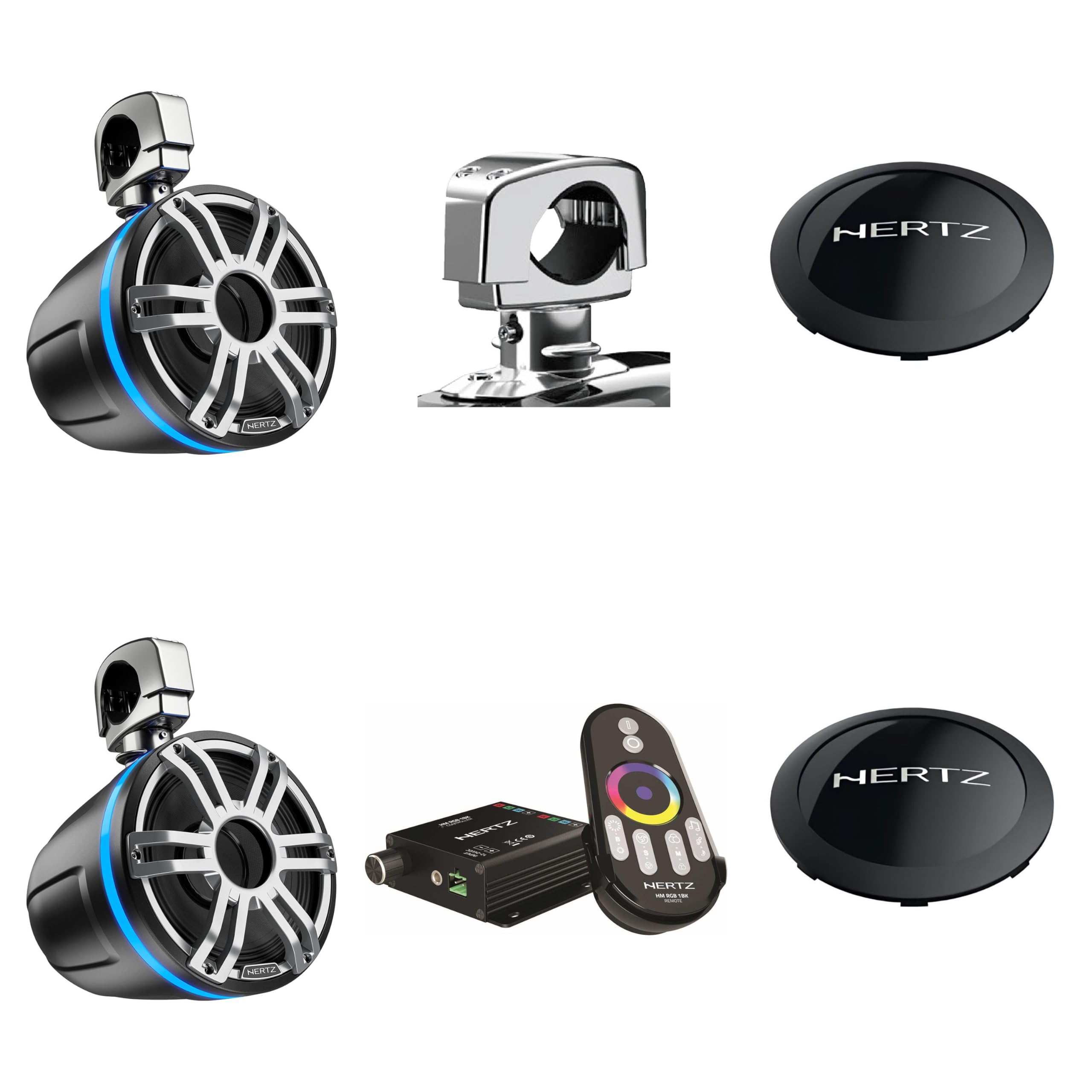 Hertz HTX 8H S-FL-g Marine Tower Horn 8'' with Gray Sports Grille and Rear LED Lighted Logo with HTX Clamp 1 Optional Clamp and LED Controller