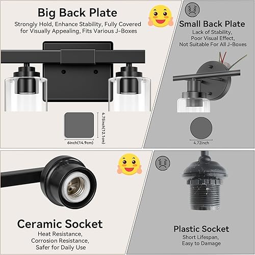 Miniatura 7 de Lámparas de baño de 4 luces, luces modernas de tocador de 27 pulgadas sobre espejo con pantallas de vidrio transparente, accesorio de luz negro