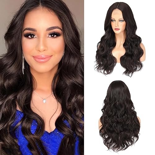 Pelucas de color marrón oscuro para mujer, peluca larga ondulada de 26 pulgadas, raya en medio con raíces oscuras, aspecto natural, resistente al
