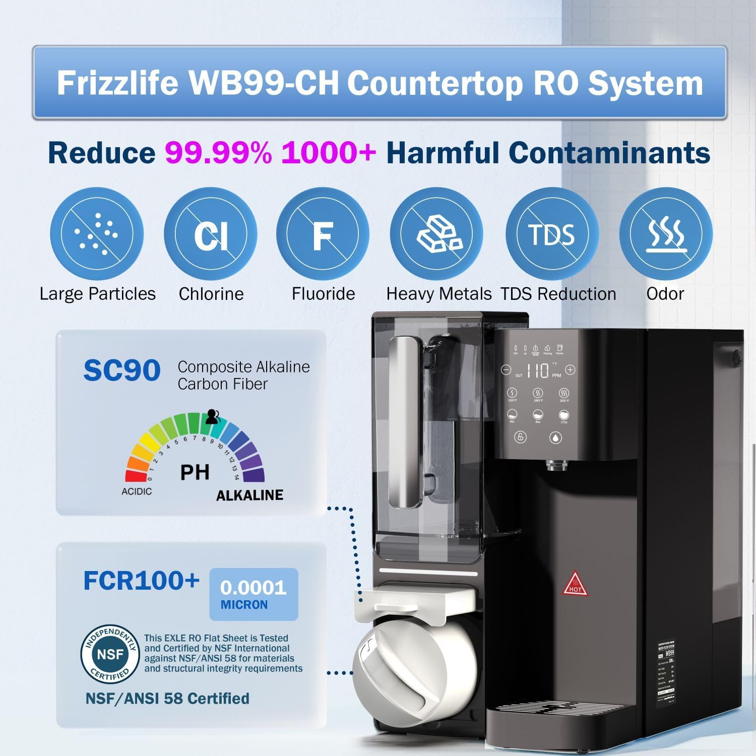 Frizzlife WB99-CH Countertop RO System with filter components highlighted