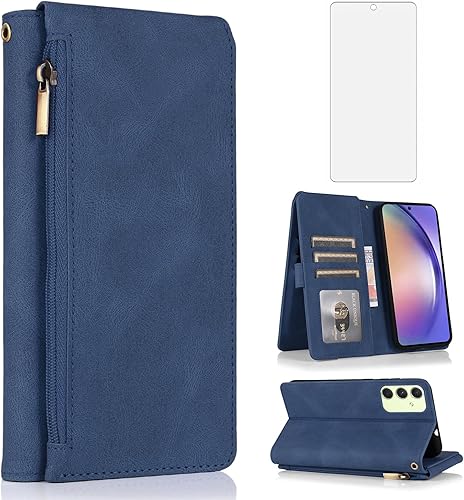 Asuwish Compatible con Samsung Galaxy A54 5G - Funda tipo cartera de vidrio templado, protector de pantalla de vidrio templado, con cremallera,