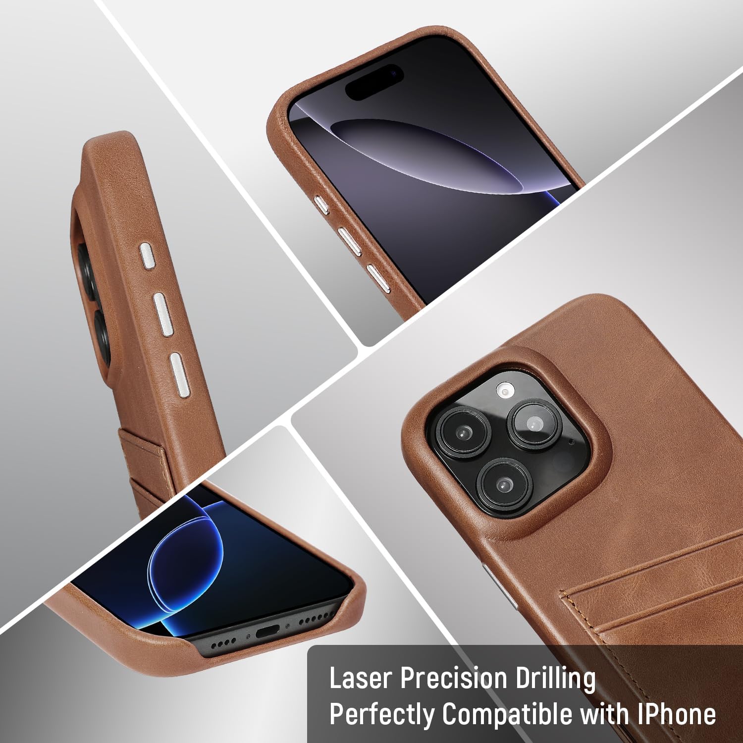 LUCKYCOIN Genuine Leather Wallet Phone Case for iPhone 16 Pro Max, Phone Purse with 2 Credit Card Holder, Compatible with iPhone 16 Pro Max, Metal Button Bumper Protective Shockproof Cover Dark Brown