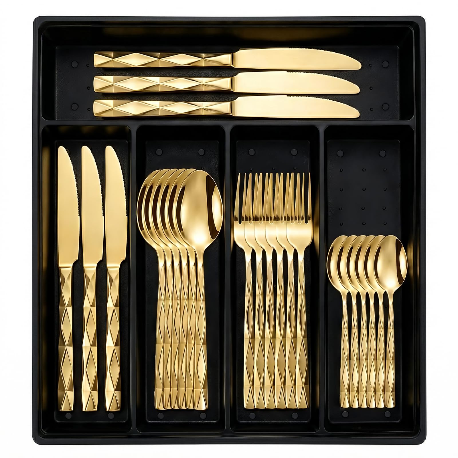24-Piece Flatware Set with Organizer,Heavy Duty Stainless Steel Silverware for 6 with Antiskid Handle，Rust-Proof Stainless Steel Cutlery Set, Mirror Polished (Gold Diamond)