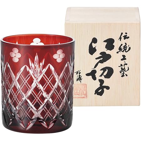 Amazon Co Jp アイトー 江戸切子 小花剣矢来紋 ロックグラス 木箱入 赤 250ml ホーム キッチン