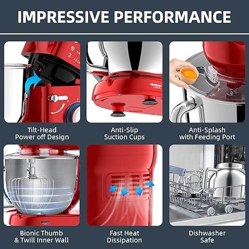 Miniatura 5 de Batidora de cocina con soporte, 6.5Qt para uso doméstico, batidora eléctrica de 660W con 6+P velocidades y cabezal inclinable, batidoras de Rojo