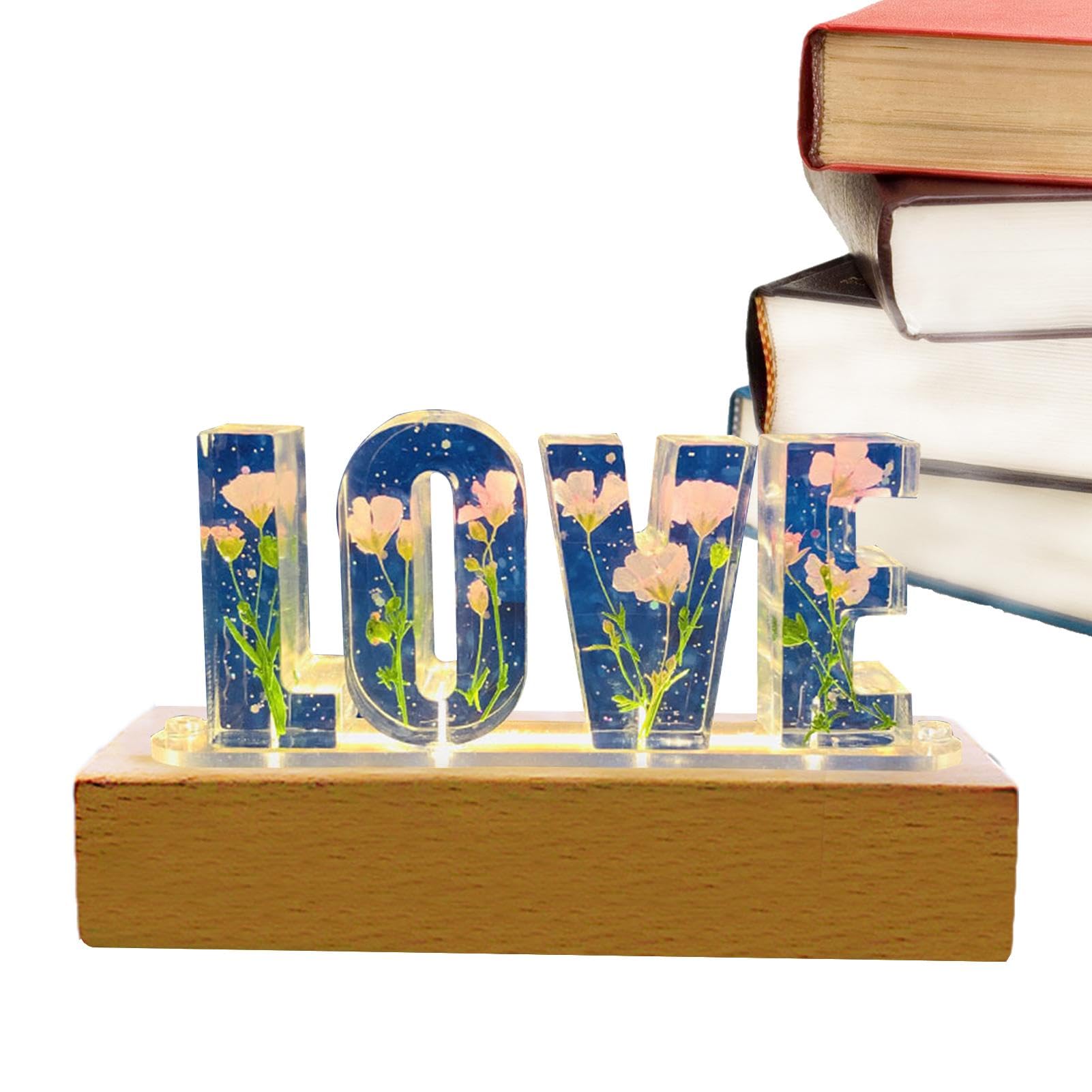 PUCHEN Flower Letter Resin Lamp - Cute Floral Letter Lamp for Bedroom - Romantic Resin Lamp Car Ornaments, Love Wedding Decorations Lights with Wood Base for Bedroom, Living Room, Kids Room