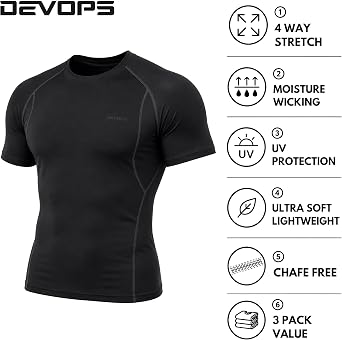 DEVOPS 3 Pack Men's Cool Dry Compression Baselayer Short Sleeve Shirts Top