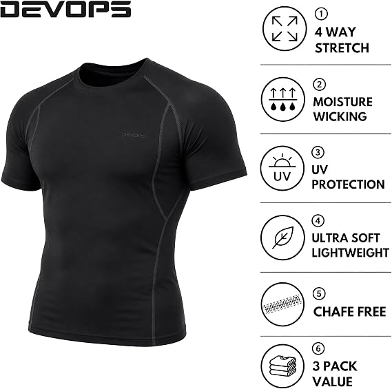 DEVOPS 3 Pack Men's Cool Dry Compression Baselayer Short Sleeve Shirts Top