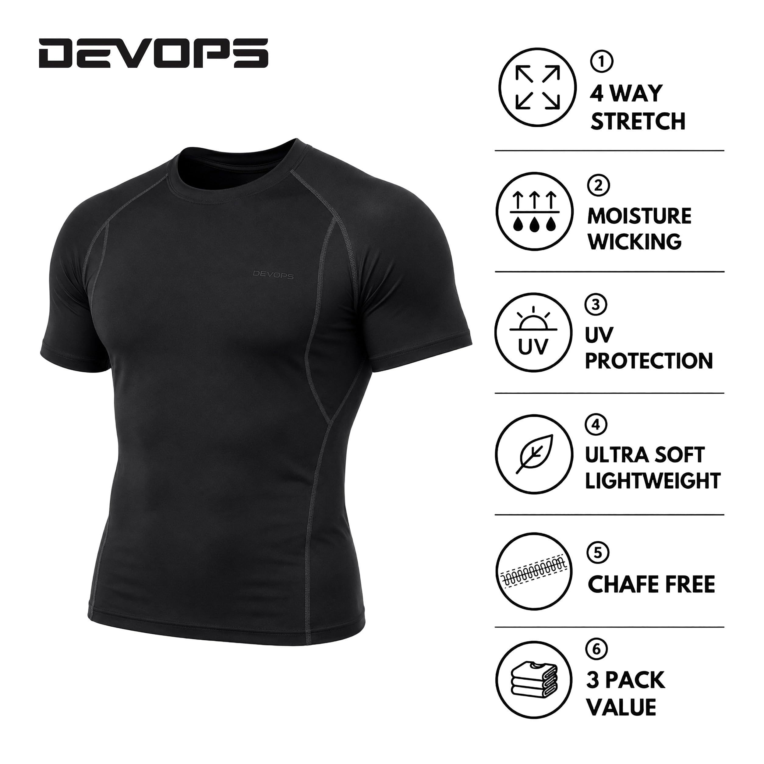 DEVOPS Paquete de 3 camisetas de compresión de manga corta para hombre, camisetas deportivas de capa base, camiseta de entrenamiento atlético