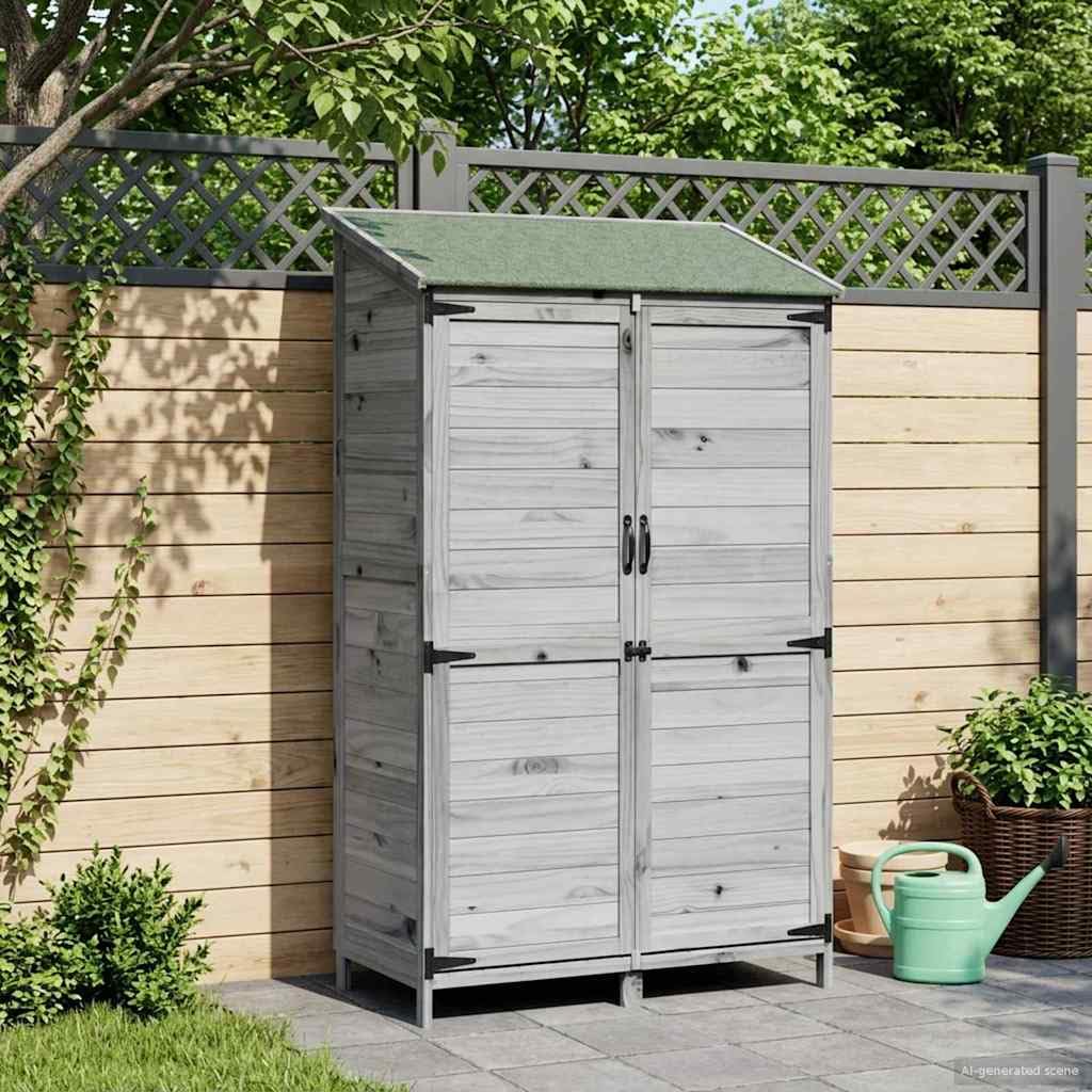 Capanno da giardino grigio, 106,5 x 56 x 176 cm, in legno | Armadio compatto per terrazze e cortili con tetto inclinato in asfalto e porta di ventilazione per tenere in ordine.