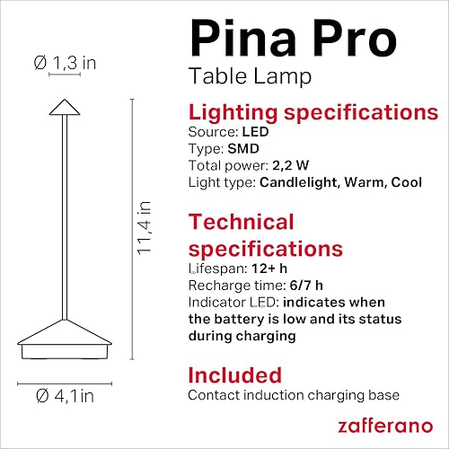 Miniatura 4 de Zafferano, Pina Pro - Lámpara de mesa inalámbrica recargable con controles táctiles, adecuada para interiores y exteriores, atenuador, 2200-3000 K,