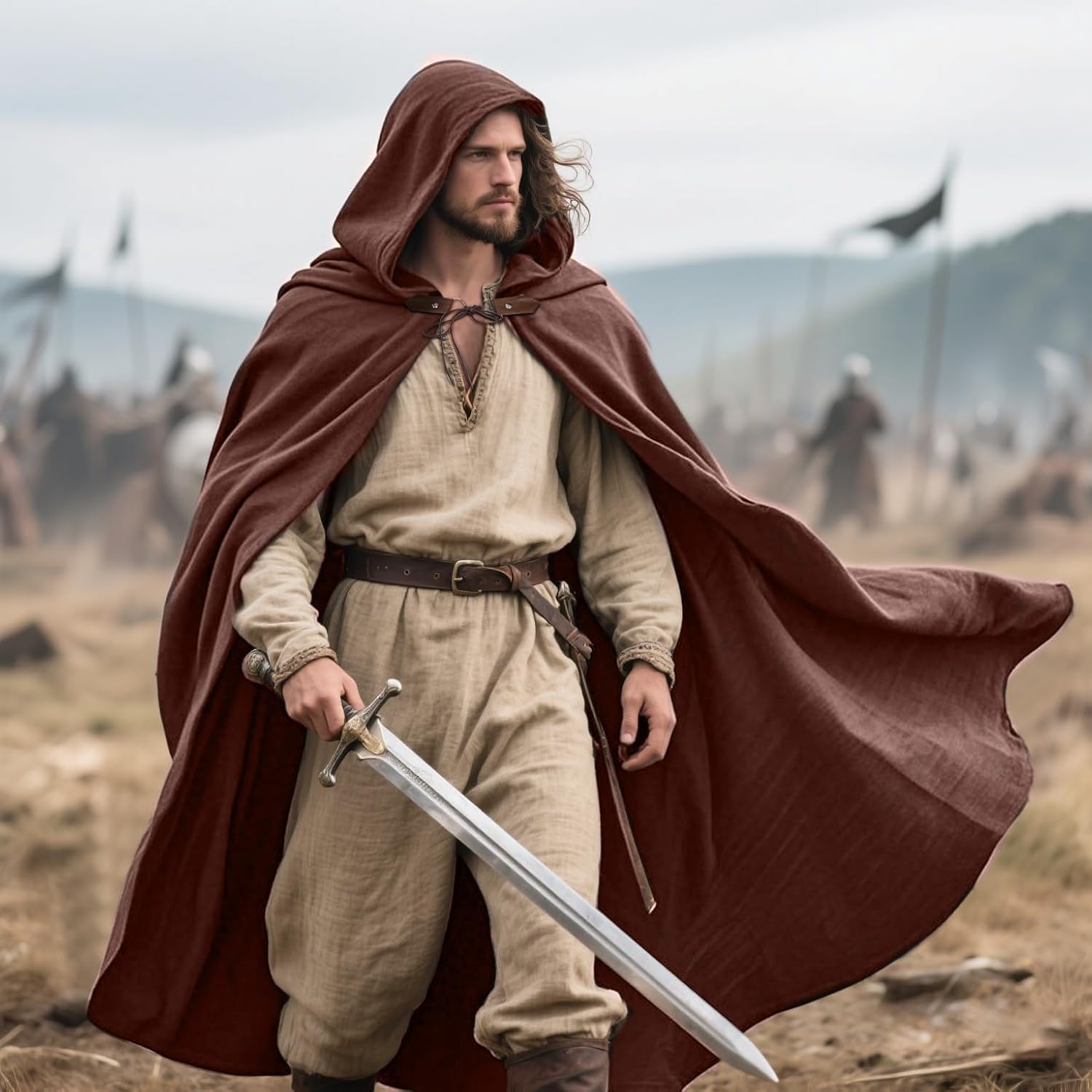 L'VOW Medieval Hooded Cloak Linen Renaissance Cape with Hood - Halloween Hobbit Cosplay Witch Wizard LARP - Image 4