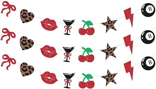 Funmemoir 3PCS Cherry Cheetah Party Banners, Cheetah Print Cherry Theme Paper Ga