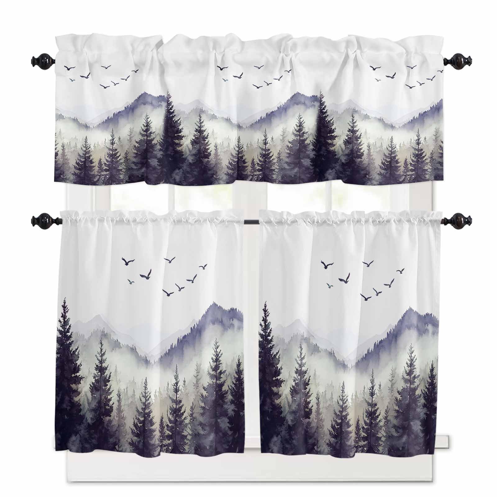 Purple Foggy Forest Kitchen Curtains 24 Inch Length,3 Piece Rod Pocket Small Half Tiers and Valance Set,Country Mountain Birds Pine Trees Small Large Window Treatment Decor for Bedroom/Bathroom Sink