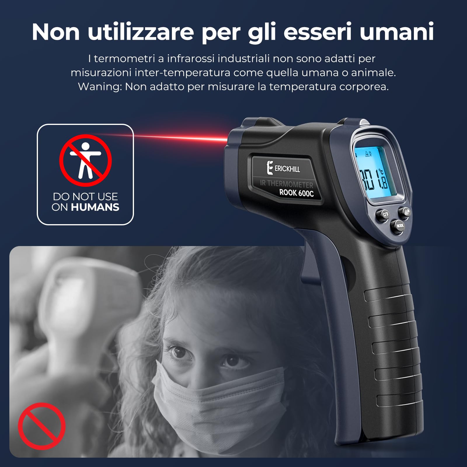 ERICKHILL 600C Termometro a infrarossi piccolo e leggero -50 ℃ Circa 600 ℃ Emissività regolabile con temperatura laser senza contatto LCD retroilluminato - Per cucinare/grigliare/cottura al forno