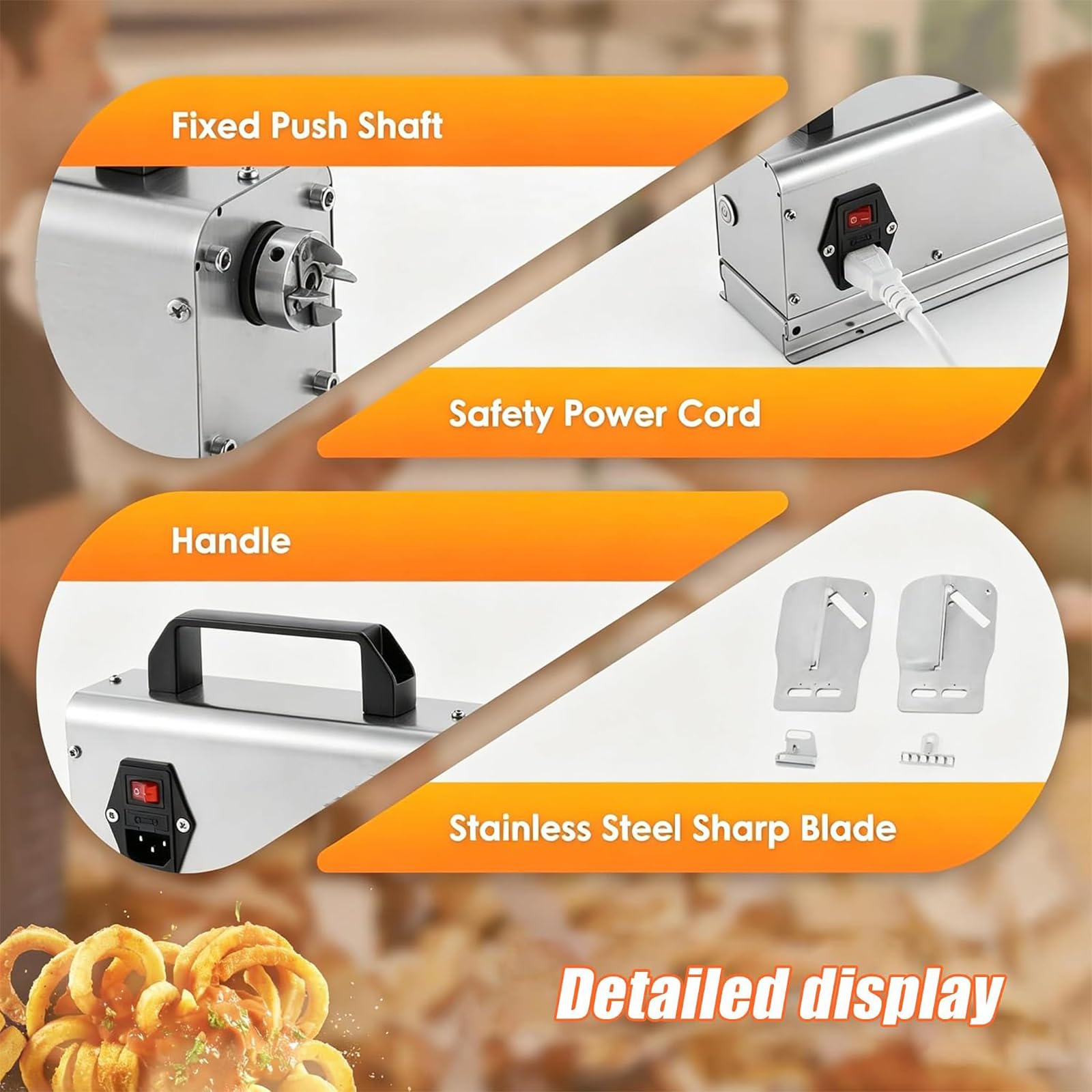 Cortador de papas fritas eléctrico, rebanadora de espiral de papa comercial | varilla de empuje fija, mango ergonómico, cuchilla afilada de acero inoxidable reemplazable, zanahorias, pepinos, perro ca