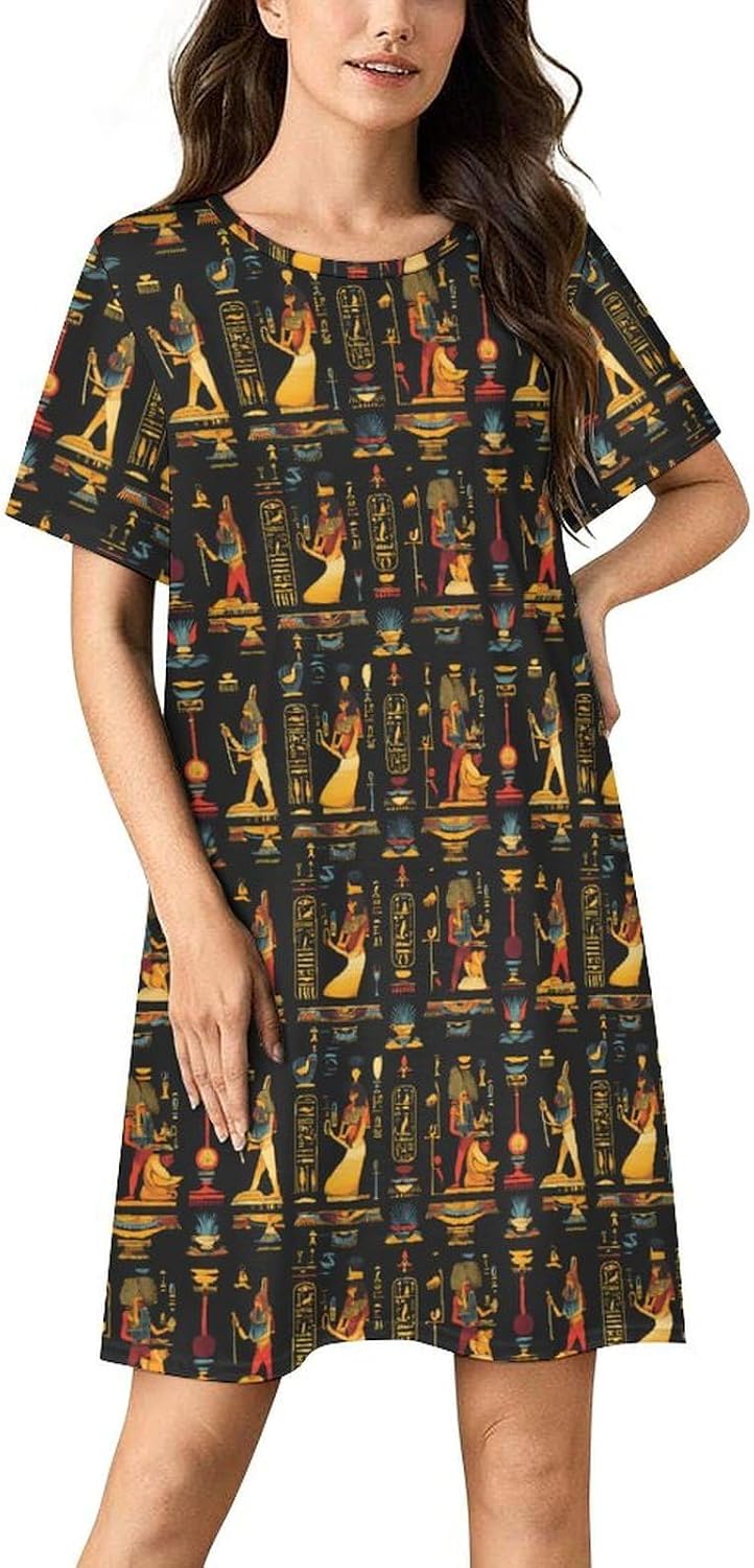 Egyptian Hieroglyphs And Pharaohs Nightgowns for Women Short Sleeve Sleep Dress Casual Sleepshirt Night Gowns Pajamas