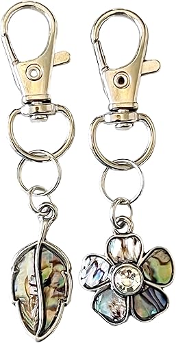 Silver Flower & Leaf Purse Charms, Abalone Shell Handbag Jewelry, Floral Fall Zipper Pulls, Cool Keychain, Backpack Charms, Nature Gift Sets