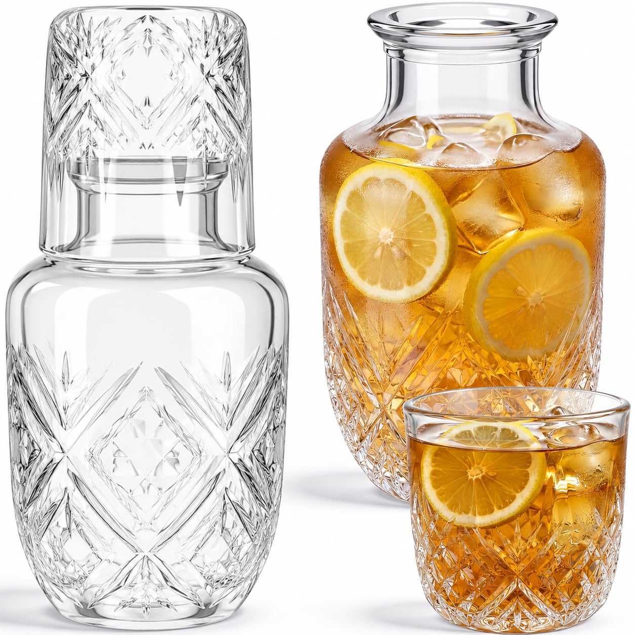 Xygobla Vintage Bedside Water Carafe Set, Bedside Water Carafe and Glass Set, 500ml Glass Juice Pitcher and 150ml Cup, Thicked Glasses Mouthwash Decanter for Bathroom,Bedroom Nightstand,Kitchen (B)