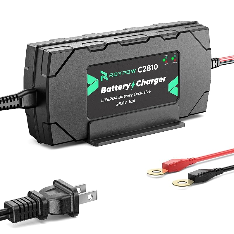 Carregador de Bateria 24 V 10 A para LiFePO4 RoyPow 28,8 V com Terminais M8 e Função de Manutenção