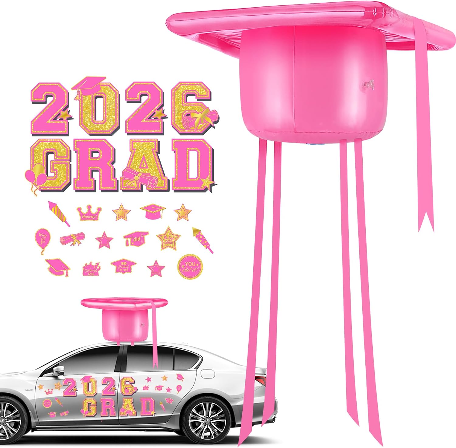 2026 Graduation Cap Car Decorations Kit, 20 Inch Pink Inflatable Graduation Cap Car Topper with 24 Rose Gold Graduate Car Magnets Class of 2026 Grad Decor for College High School Commencement Party