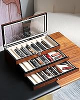 Vista 7 de Pocket Knife Display Case for men collection holder 22-26 folding knife with Walnut Finish Three-Tier Knife organizer storage box with Real Glass