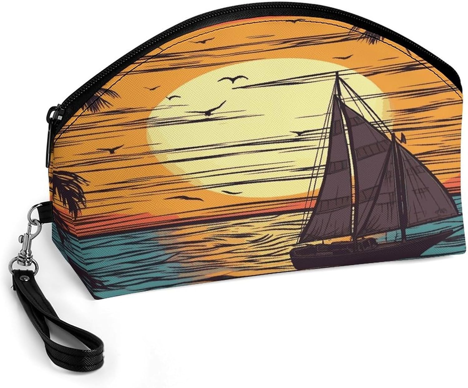 Sunset And Sailboat Makeup Bag Large Capacity Cosmetic Bag for Women Portable Toiletry Bags for Skincare Water-resistant Cosmetic Case PU Leather Travel Cosmetic Organizer