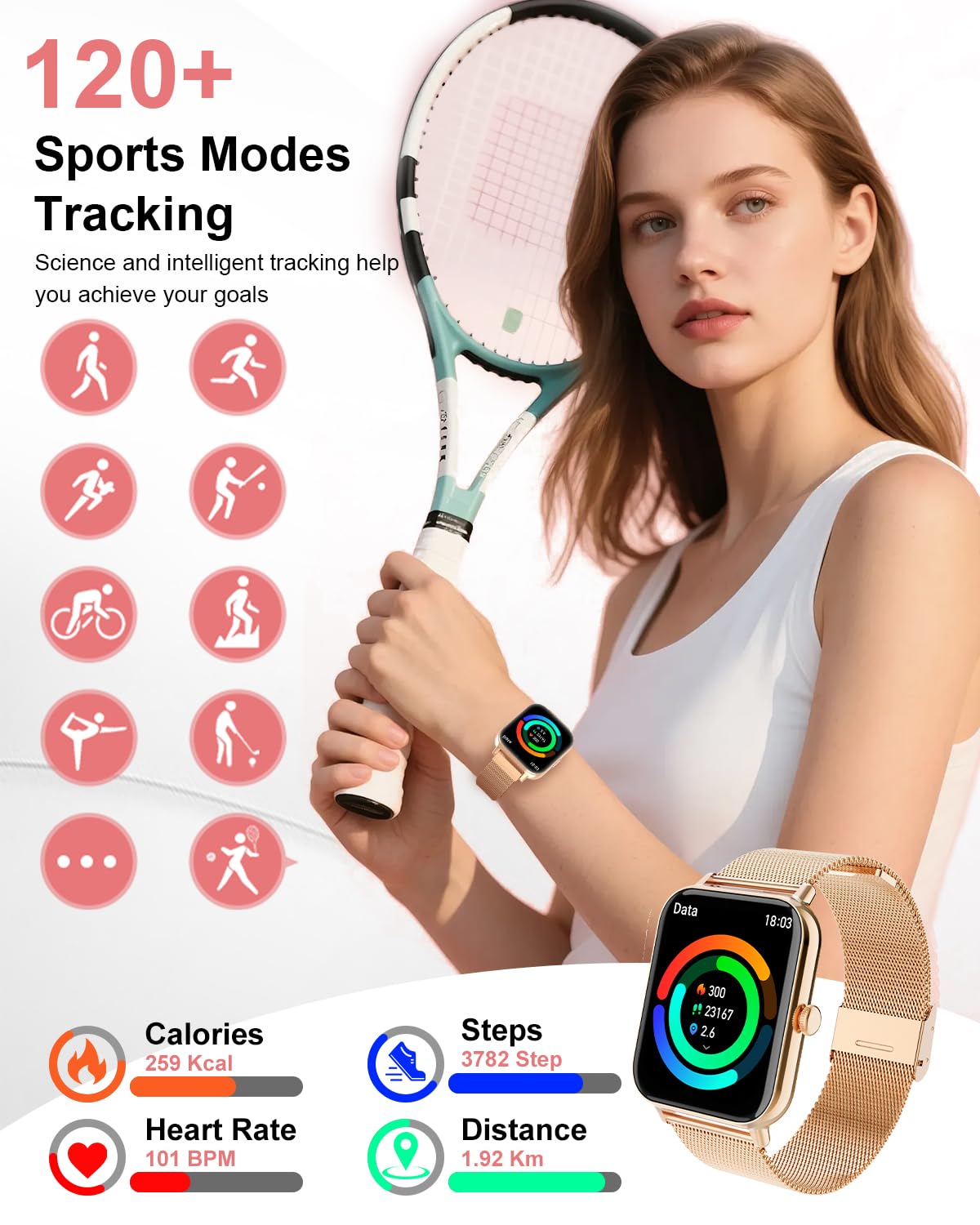 Smartwatch Donna Uomo con Chiamate e Notifiche Whatsapp, 1,85" Orologio Digitale Fitness Contapassi,120+ modalità Sportivo Smart Watch con Monitor Sonno/Cardiofrequenzimetro per iOS Android