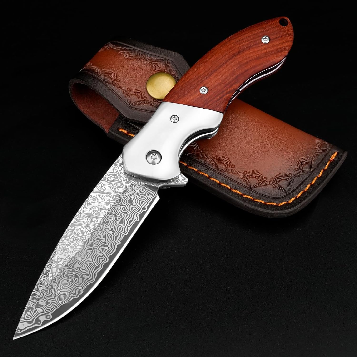 KOMWERO Damascus Pocket Knife, Sharp Damascus Steel Knife with Core VG10 Steel Blade Wood Handle, Folding Knife with Clip for Men Hunting, 60 HRC