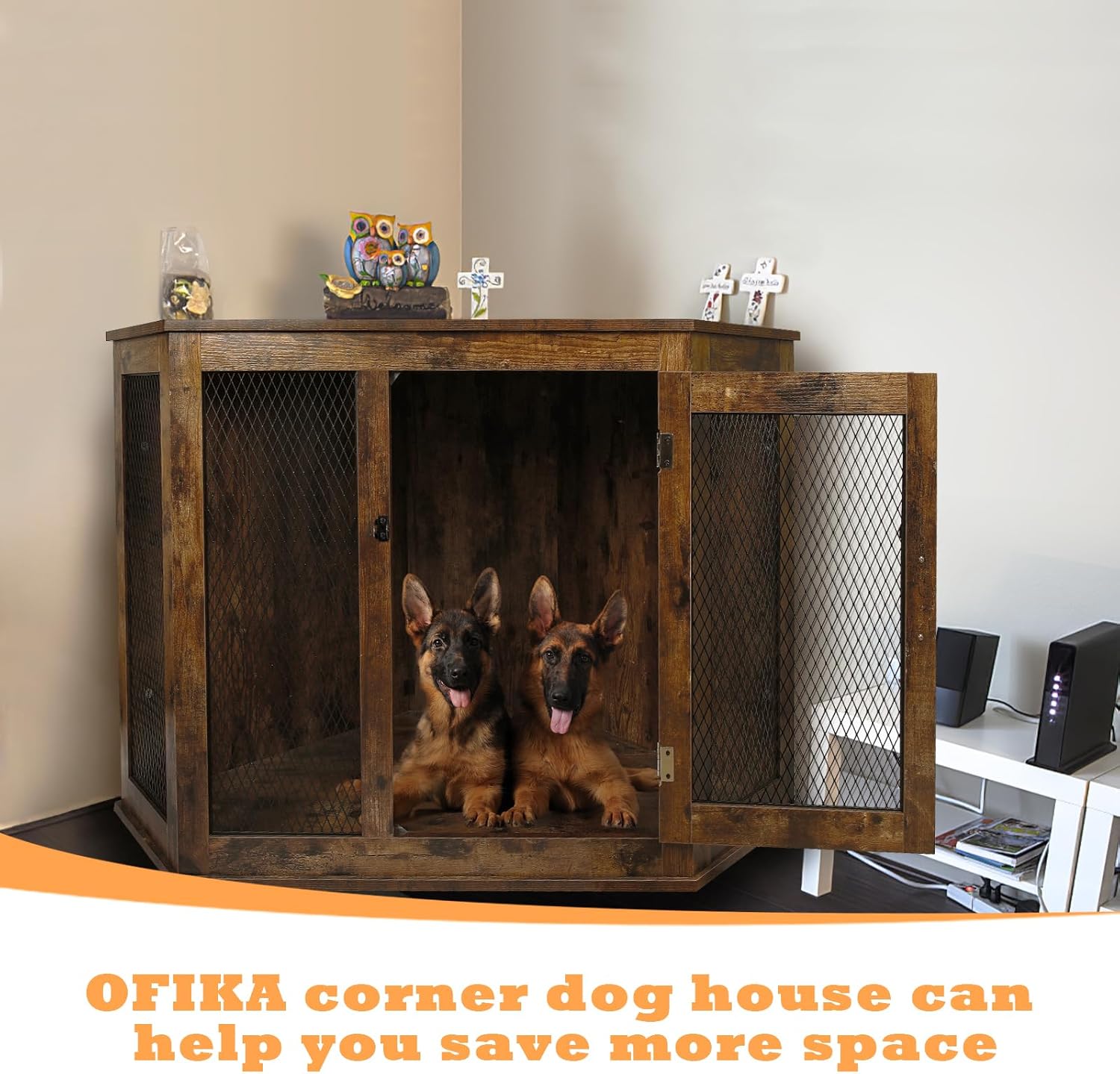 OFIKA Corner Dog Crate Furniture, Wooden Corner Dog Kennel Side End Table with Metal Mesh,Indoor Pet Crates Corner Side Table for Small Medium Large Dogs (Medium, Brown)