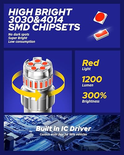 Miniatura 2 de AUTOONE Bombillas LED de freno 1156, 300% más brillantes, BA15S 7506 1003 1141 P21W, bombilla de repuesto LED roja brillante para luz trasera,