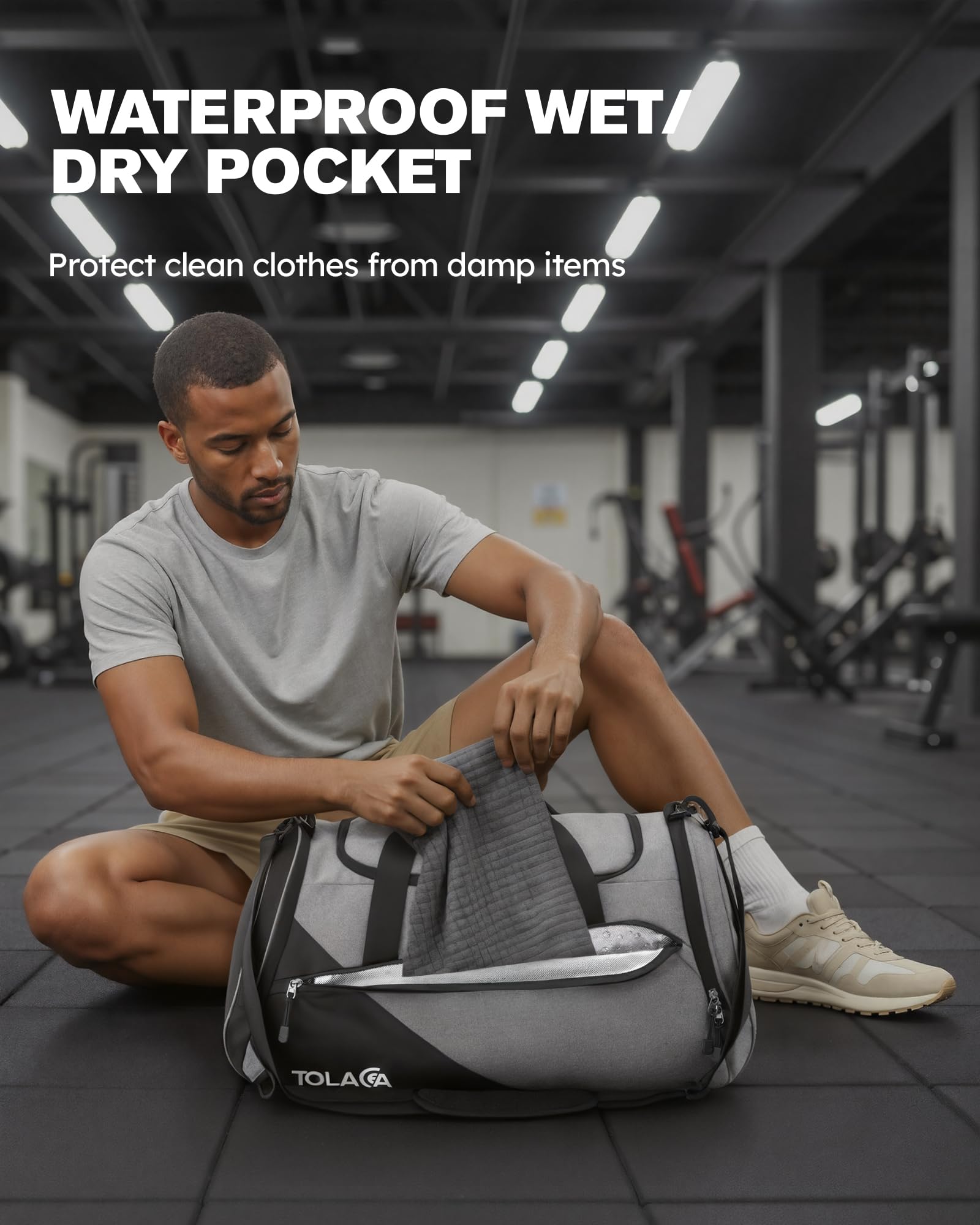 Tolaccea 47L Sporttasche mit Schuhfach Nassfach Reisetasche Duffel Bag Fitness Trainingstasche Herren Damen Gym (Grau)