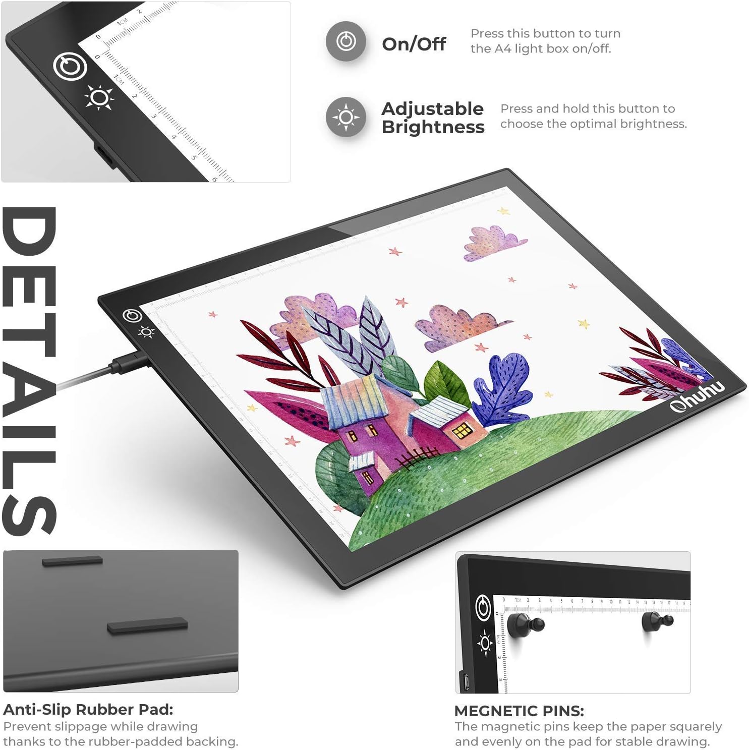 3-Color Lights A4 Tracing Light Box Ohuhu Portable Light Board Ultra-Thin Portable Tracer White LED Magnetic Light Drawing Board DIY Diamond Painting Artists Drawing Sketching
