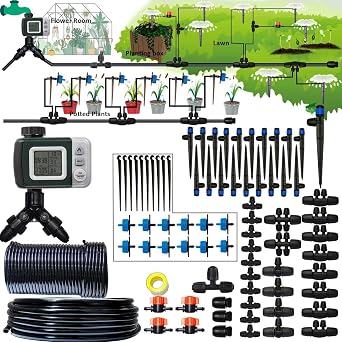 Drip Irrigation System with Water Timer 162ft Drip Irrigation Kit 5/16ID and 1/4 Inch Pipe Auto Watering System for Garden Adjustable Spray, for Greenhouse, Garden, Lawn, Potted Plants Black