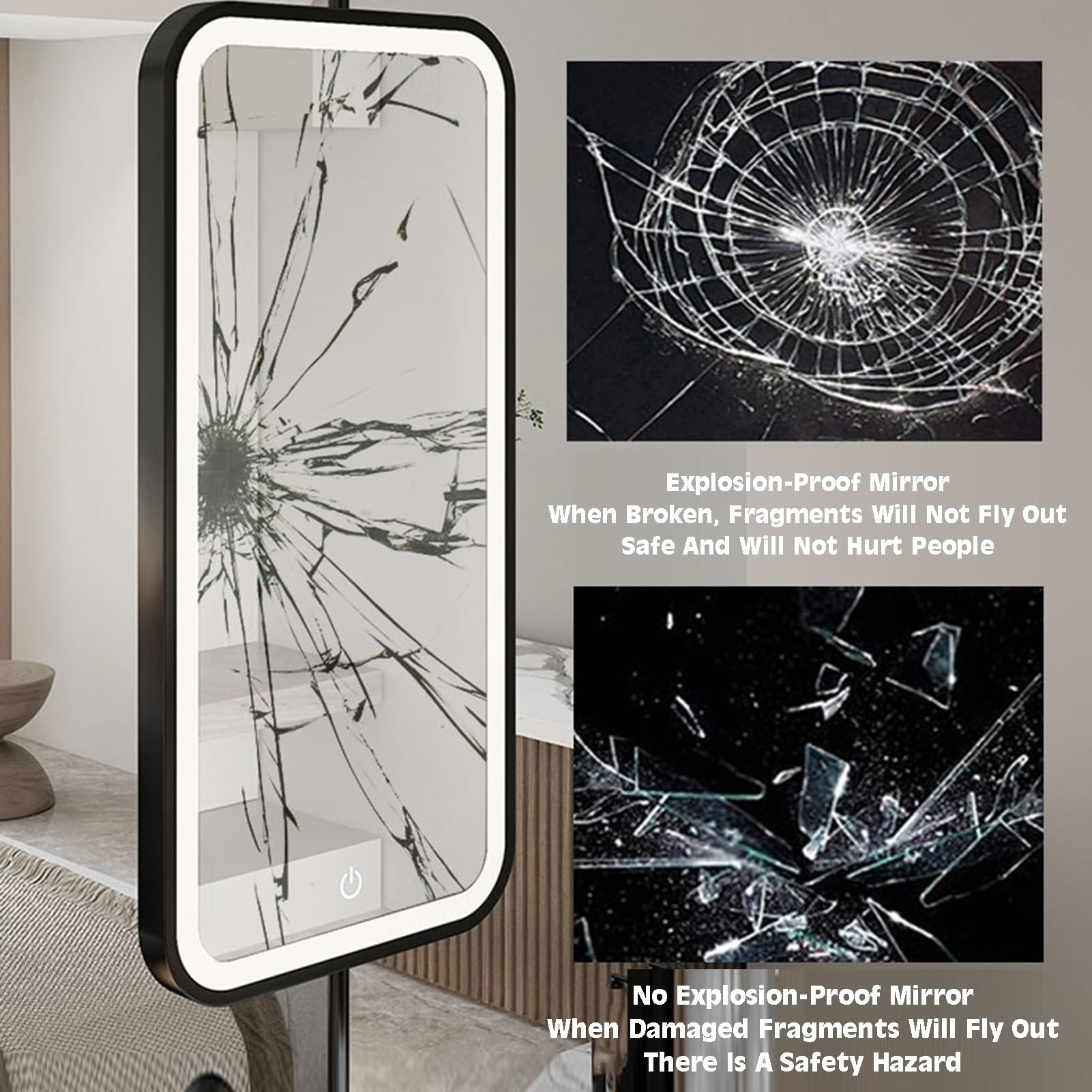 Wiszące lustro łazienkowe z 3-kolorowym przyciemnianym światłem LED – naścienne lusterko do golenia, czarne, 40 x 80 cm