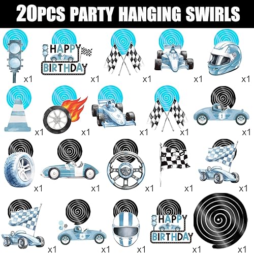 Miniatura 2 de Remolinos colgantes de cumpleaños de coche de carreras, 20 unidades, decoración de fiesta de autos de carreras, banderas a cuadros, serpentinas