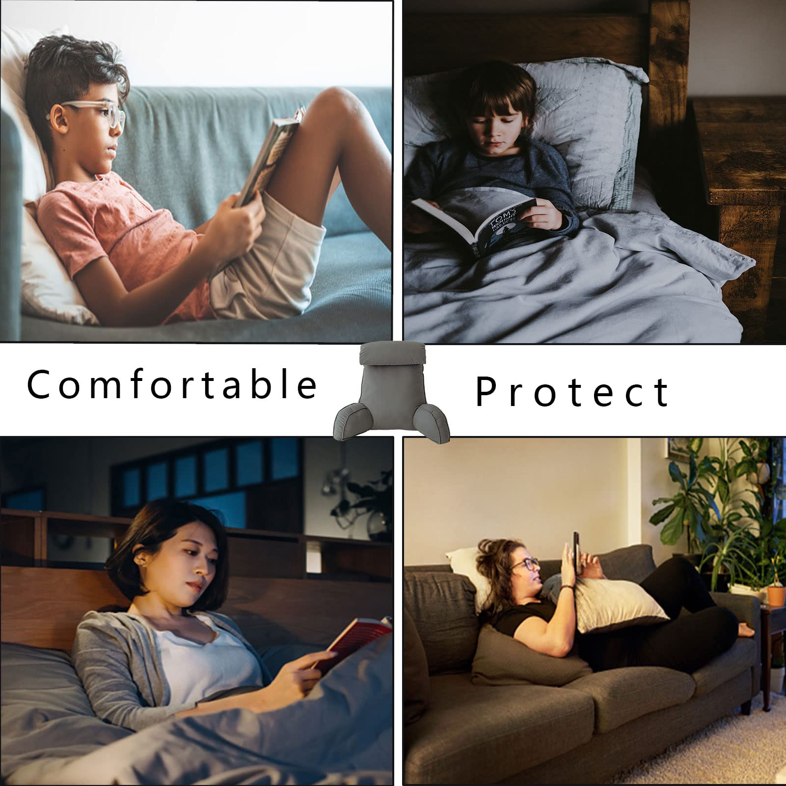 Lesekissen Bett Rücken, Rückenstütze Lounge Kissen, Kissen mit Armlehnen und Nackenrolle zum Lesen, Multifunktion Rückenlehnen, Perfekt für Lesen, Entspannen, Arbeiten, Fernsehen