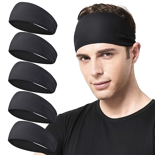 Acozycoo Mens Running Headband,5Pack,Mens Sweatband Sports Headband for Running,Cycling,Basketball,Yoga,Fitness Workout Stretchy Unisex Hairband