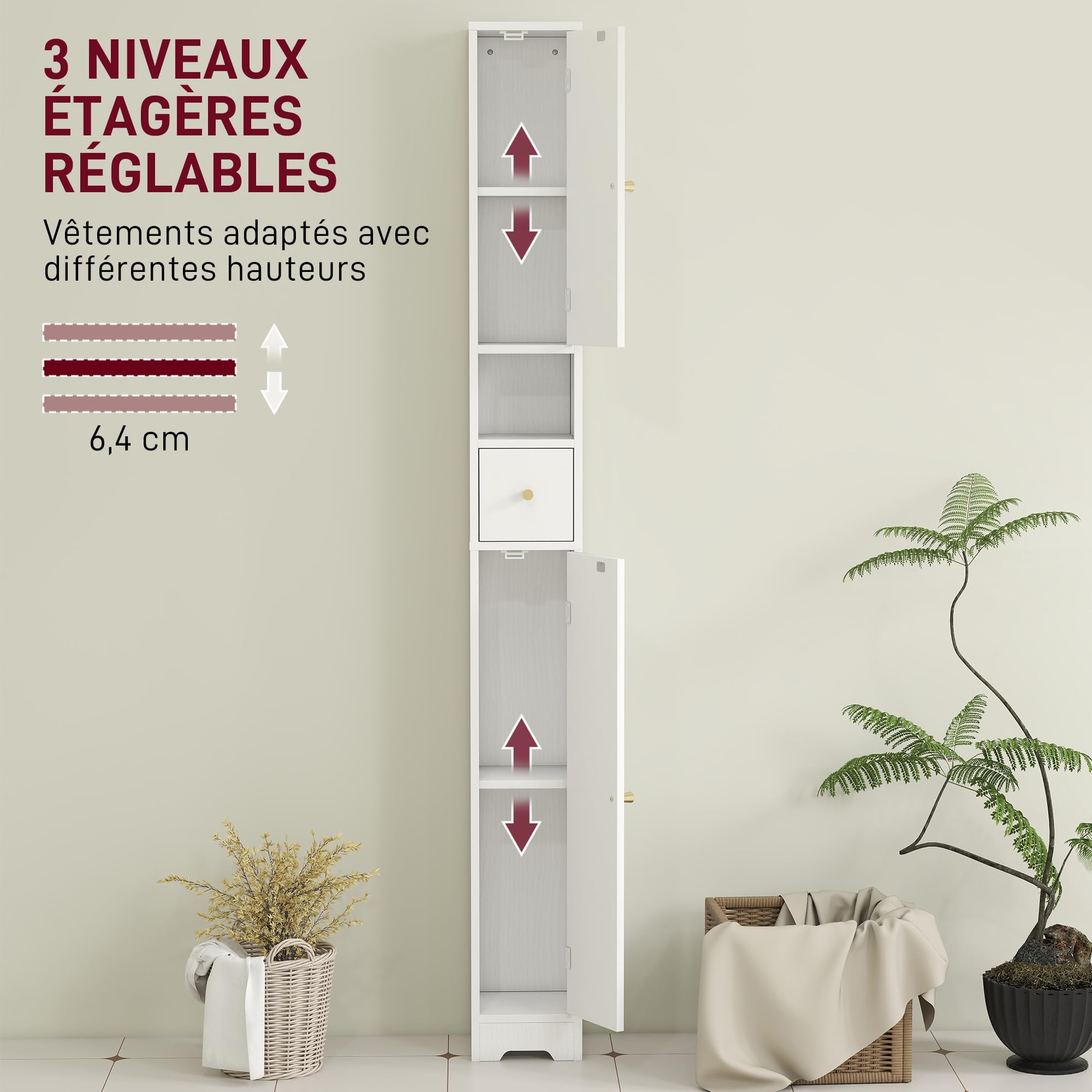 HOMCOM Mobiletto alto da bagno sottile moderno 20x20x185cm Bianco | Armadietto da bagno, ante arcuate, ripiano aperto, armadietto stretto, ripiani regolabili, a terra