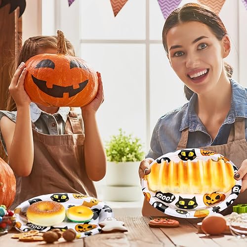 Miniatura 7 de Meanplan Platos de postre de Halloween, platos desechables redondos de Halloween, platos de papel de calabaza, gato, fantasma, juego de vajilla para
