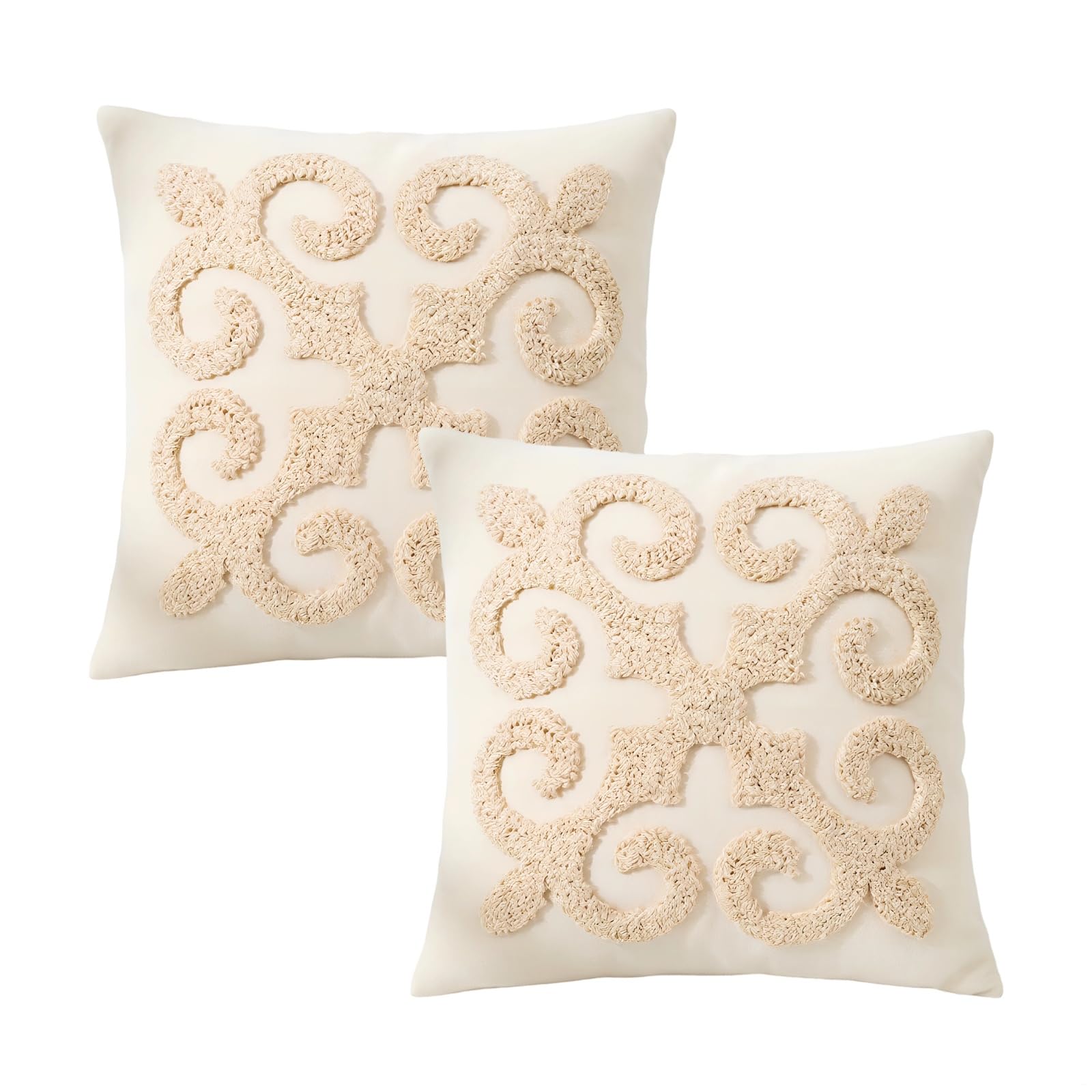 Housse de coussin bohème crème 45x45 cm en coton touffeté pour décoration salon