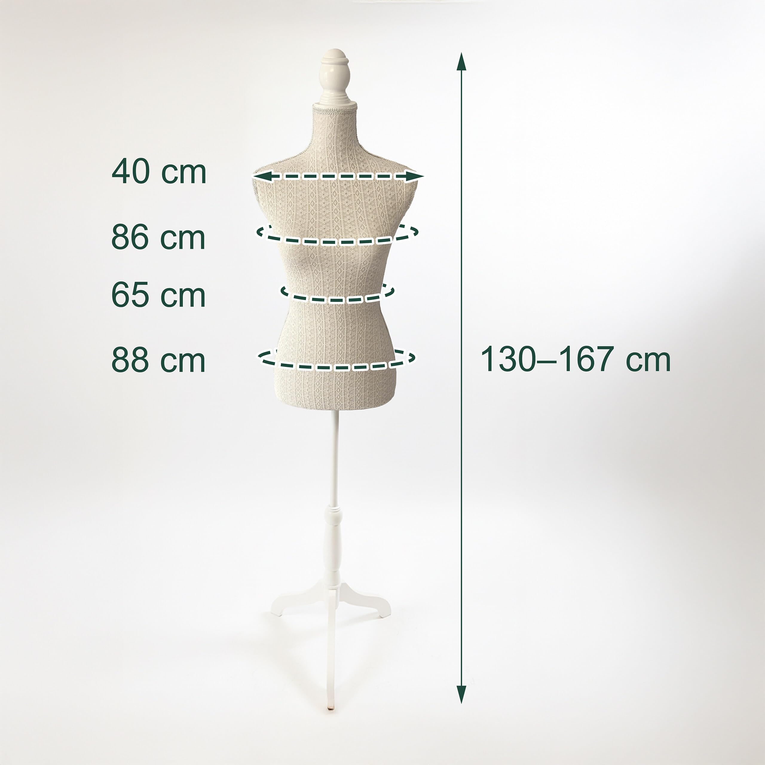 Relaxdays Maniquí de Costura Femenino Ajustable 130–167 cm con Encaje, Base de Madera, Beige/Blanco, 167x41x34 cm