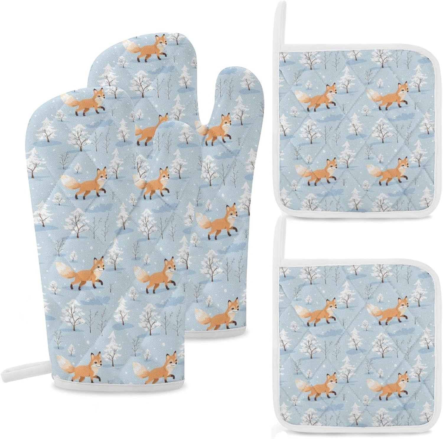 Winter Foxes 4 Pcs Oven Mitts and Pot Holders Set High Heat Resistant Long Kitchen Oven Glove Potholders